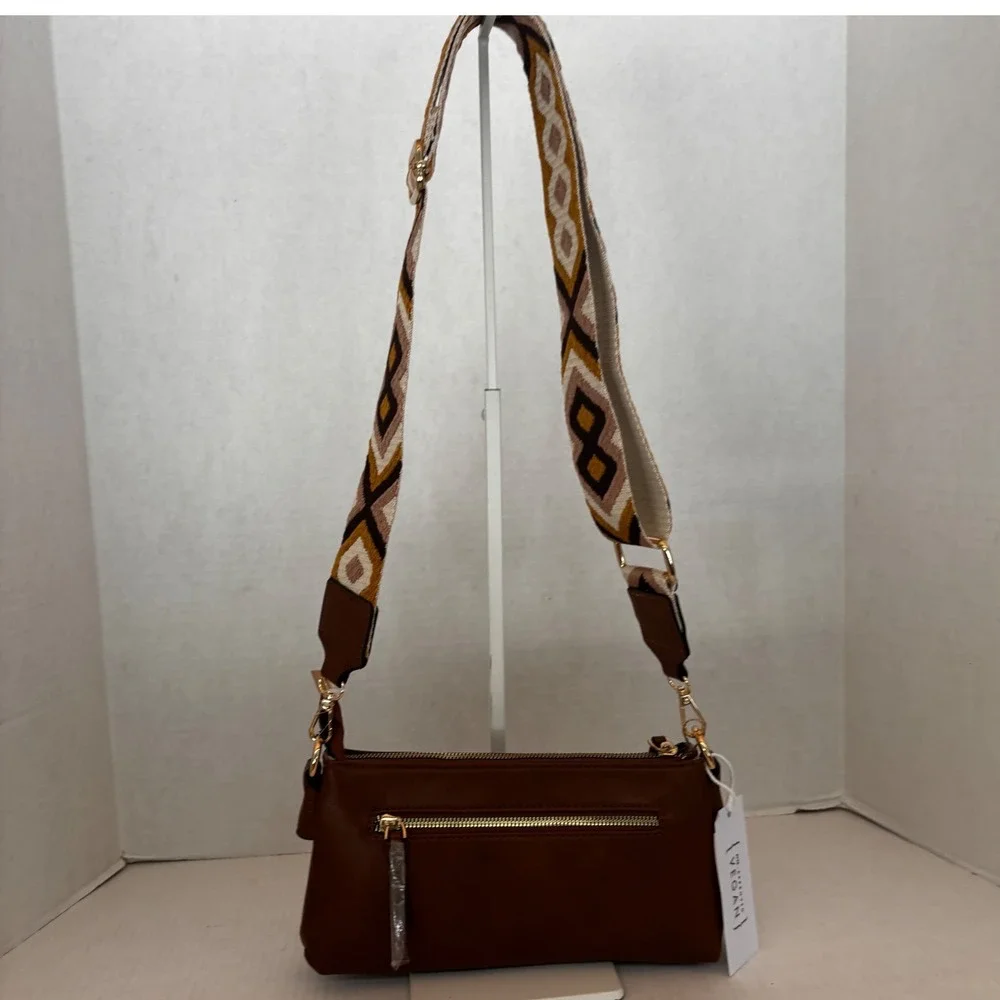 Metro Muse Crossbody Bag Women Brown Vegan Leather Geometric Guitar Strap NWT